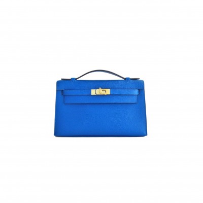 HERMES BLUE IZMIR GOLD KELLY POCHETTE EPSOM GHW CLUTCH CUT BAG (22*14*7cm) 